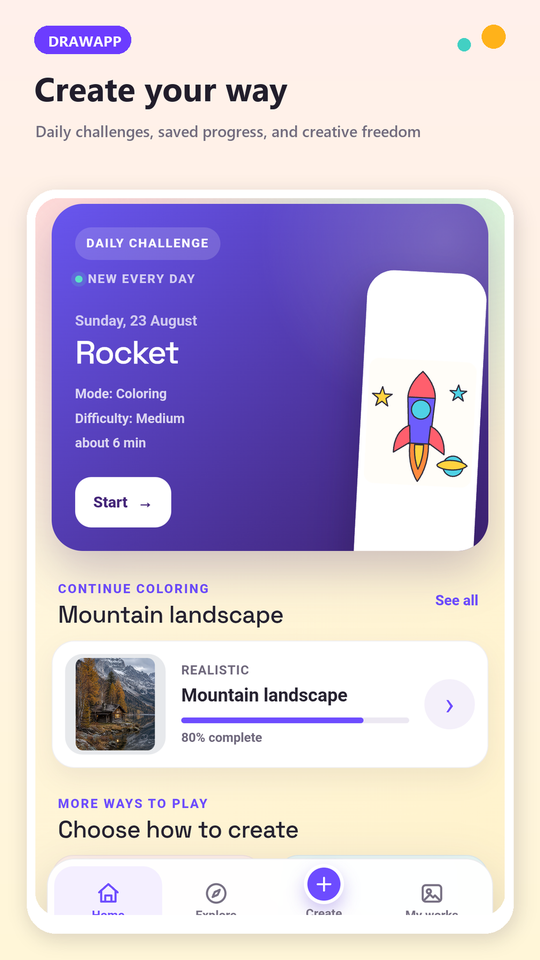 The home screen: a daily challenge and the four creative modes.