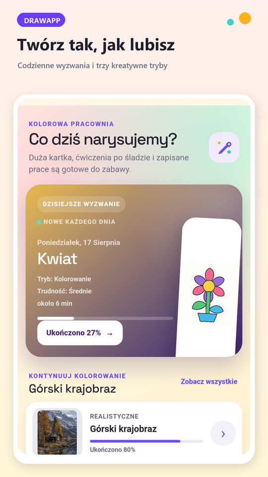 Ekran startowy: wyzwanie dnia i cztery tryby tworzenia.